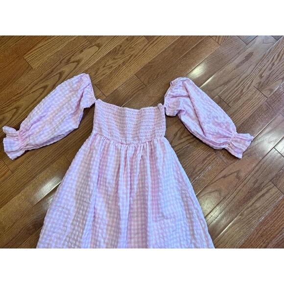 Moodie Gingham Smocked Bodice Puff Sleeves Off-Shoulder Dress Medium Milkmaid - Picture 2 of 7